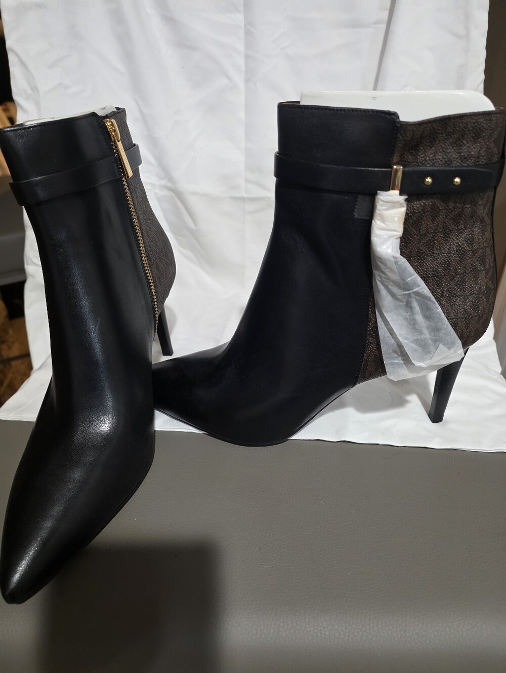 Michael Kors Black Leather Pointed-Toe Ankle Booties with Logo Panel